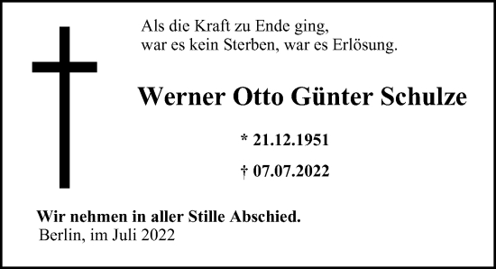 Traueranzeige von Werner Otto Günter Schulze von Berliner Morgenpost