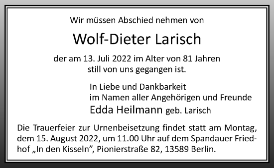 Traueranzeige von Wolf-Dieter Larisch von Berliner Woche / Spandauer Volksblatt