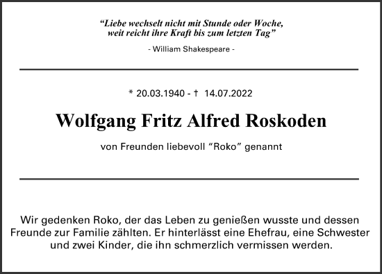 Traueranzeige von Wolfgang Fritz Alfred Roskoden von Berliner Morgenpost