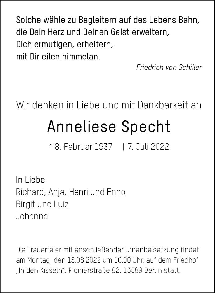  Traueranzeige für Anneliese Specht vom 06.08.2022 aus Berliner Woche / Spandauer Volksblatt