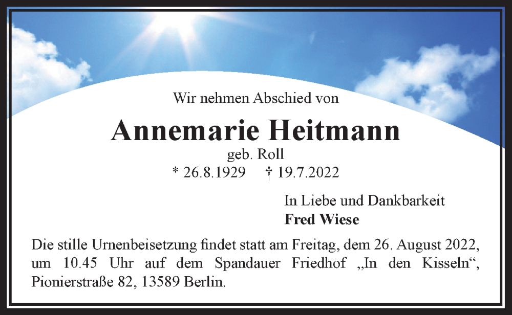  Traueranzeige für Annemarie Hellmann vom 06.08.2022 aus Berliner Woche / Spandauer Volksblatt