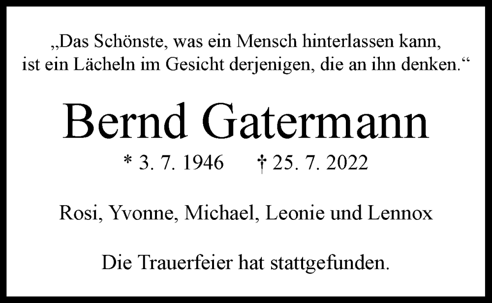  Traueranzeige für Bernd Gatermann vom 06.08.2022 aus Berliner Woche / Spandauer Volksblatt