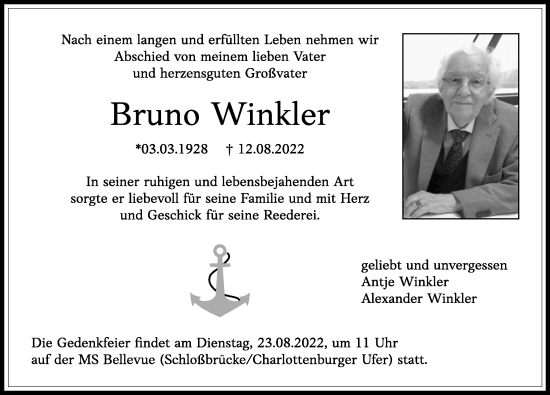Traueranzeige von Bruno Winkler von Berliner Morgenpost