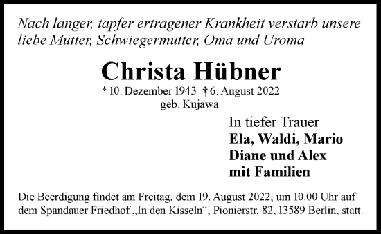 Traueranzeige von Christa Hübner von Berliner Woche / Spandauer Volksblatt