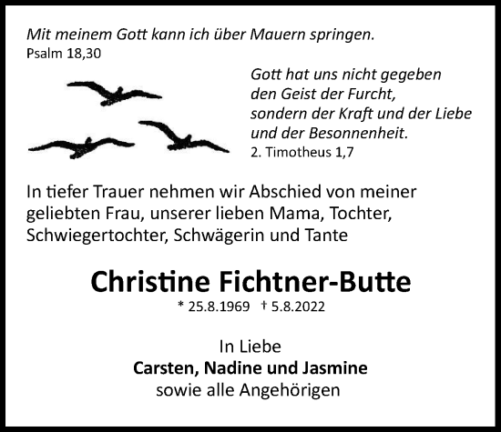 Traueranzeige von Christine Fichtner-Butte von Berliner Woche / Spandauer Volksblatt