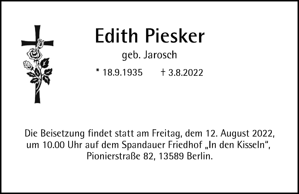  Traueranzeige für Edith Piesker vom 07.08.2022 aus Berliner Morgenpost
