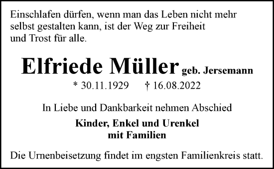 Traueranzeige von Elfriede Müller von Berliner Woche / Spandauer Volksblatt