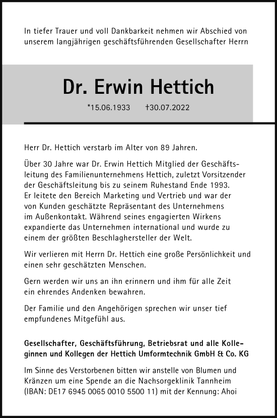 Traueranzeige von Erwin Hettich von Berliner Morgenpost