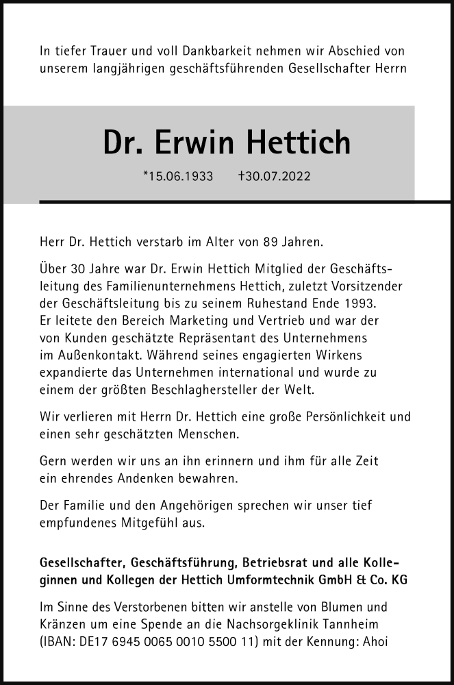  Traueranzeige für Erwin Hettich vom 07.08.2022 aus Berliner Morgenpost