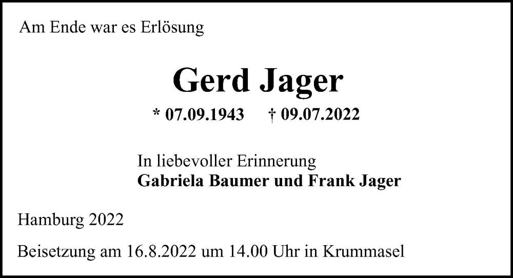 Traueranzeige für Gerd Jager vom 06.08.2022 aus Berliner Morgenpost