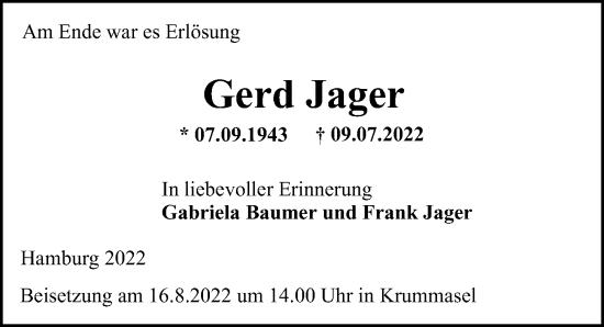 Traueranzeige von Gerd Jager von Berliner Morgenpost