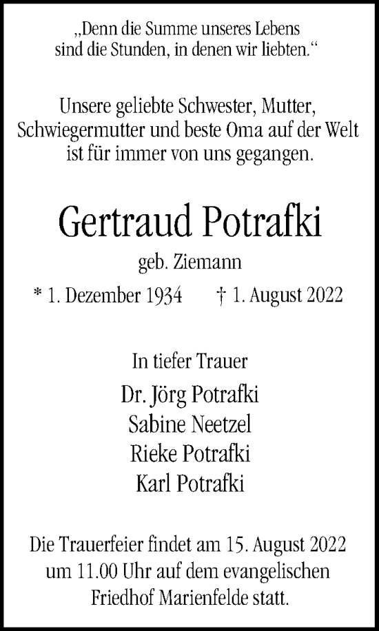 Traueranzeige von Gertraud Potrafki von Berliner Morgenpost