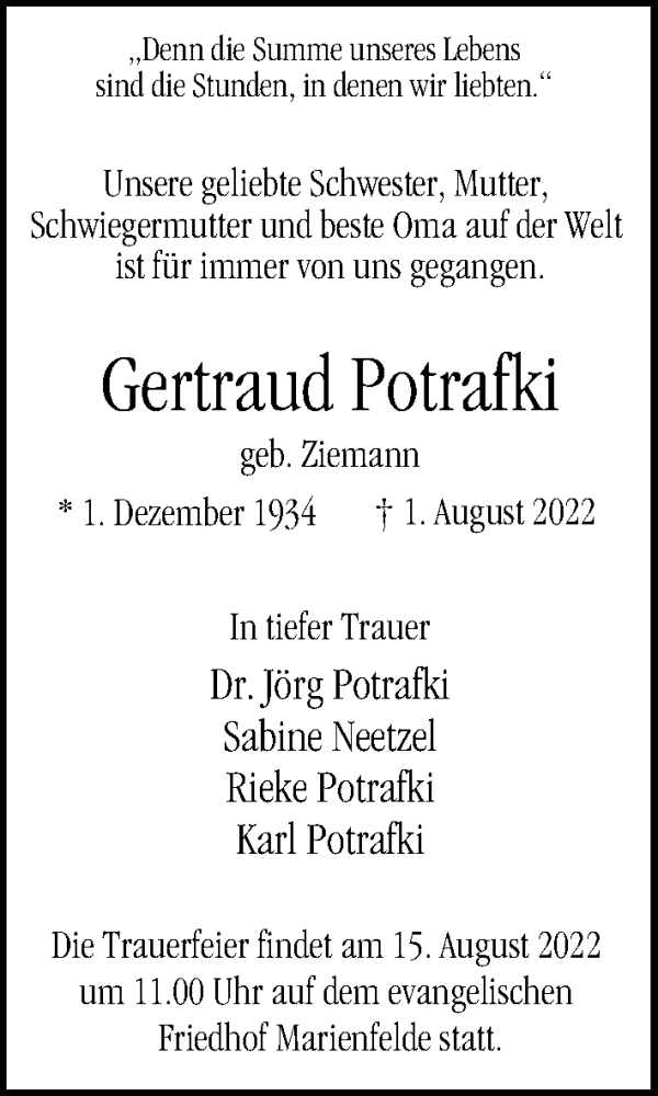  Traueranzeige für Gertraud Potrafki vom 07.08.2022 aus Berliner Morgenpost