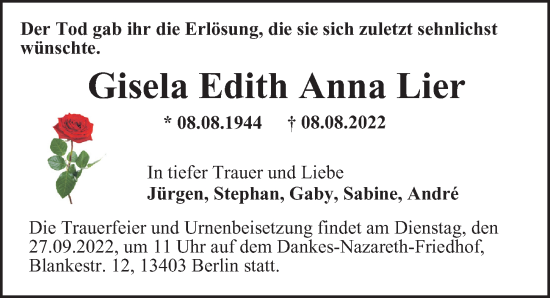 Traueranzeige von Gisela Edith Anna Lier von Berliner Morgenpost