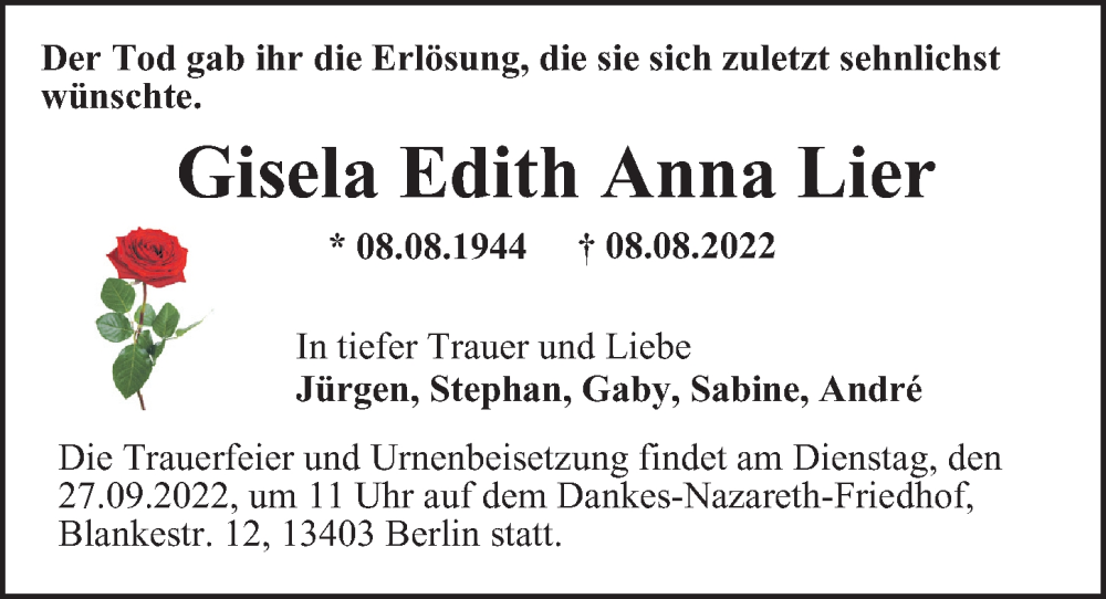  Traueranzeige für Gisela Edith Anna Lier vom 14.08.2022 aus Berliner Morgenpost