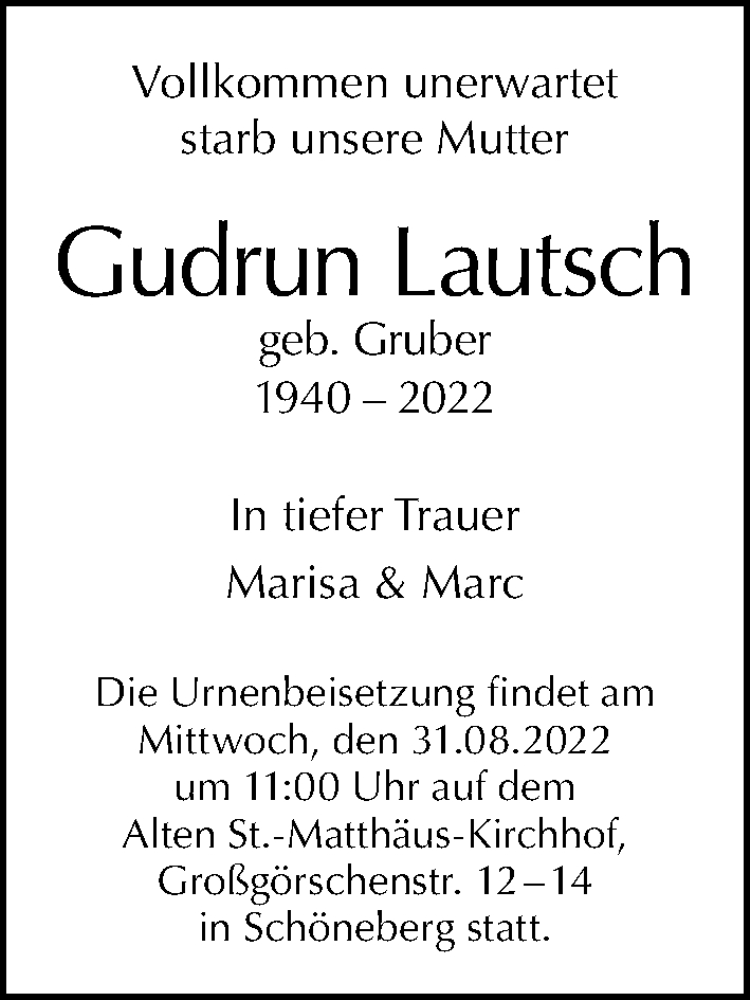  Traueranzeige für Gudrun Lautsch vom 21.08.2022 aus Berliner Morgenpost