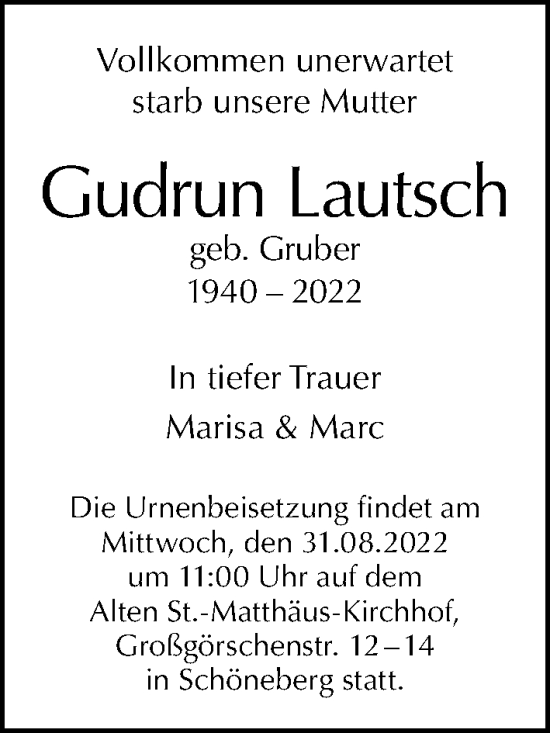 Traueranzeige von Gudrun Lautsch von Berliner Morgenpost