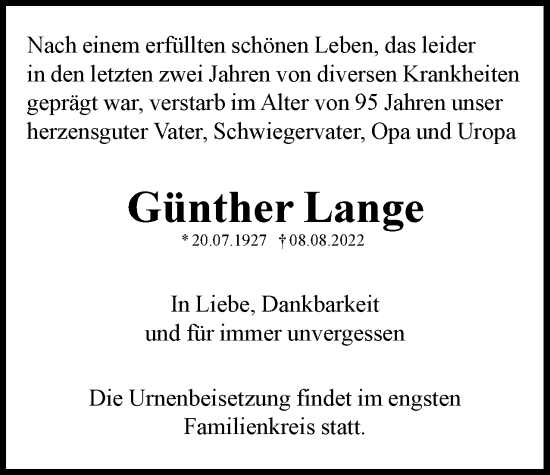 Traueranzeige von Günther Lange von Berliner Woche / Spandauer Volksblatt