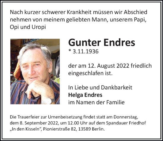 Traueranzeige von Gunter Endres von Berliner Woche / Spandauer Volksblatt