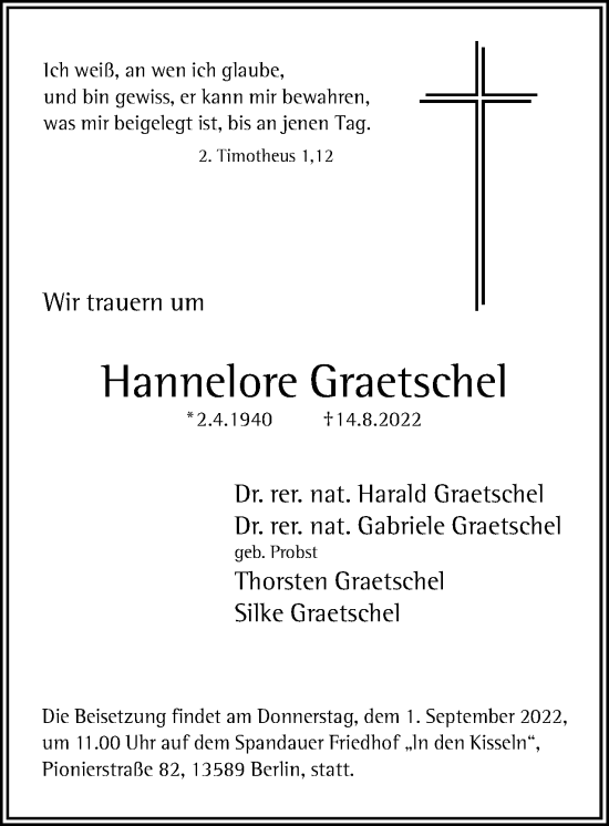 Traueranzeige von Hannelore Graetschel von Berliner Woche / Spandauer Volksblatt