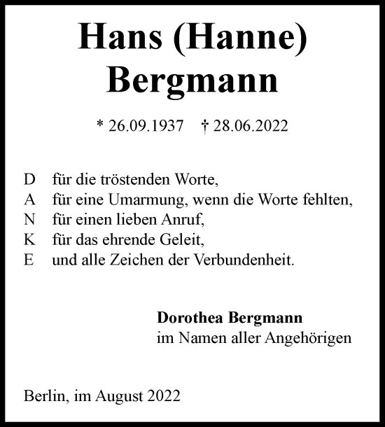 Traueranzeige von Hans Bergmann von Berliner Woche / Spandauer Volksblatt