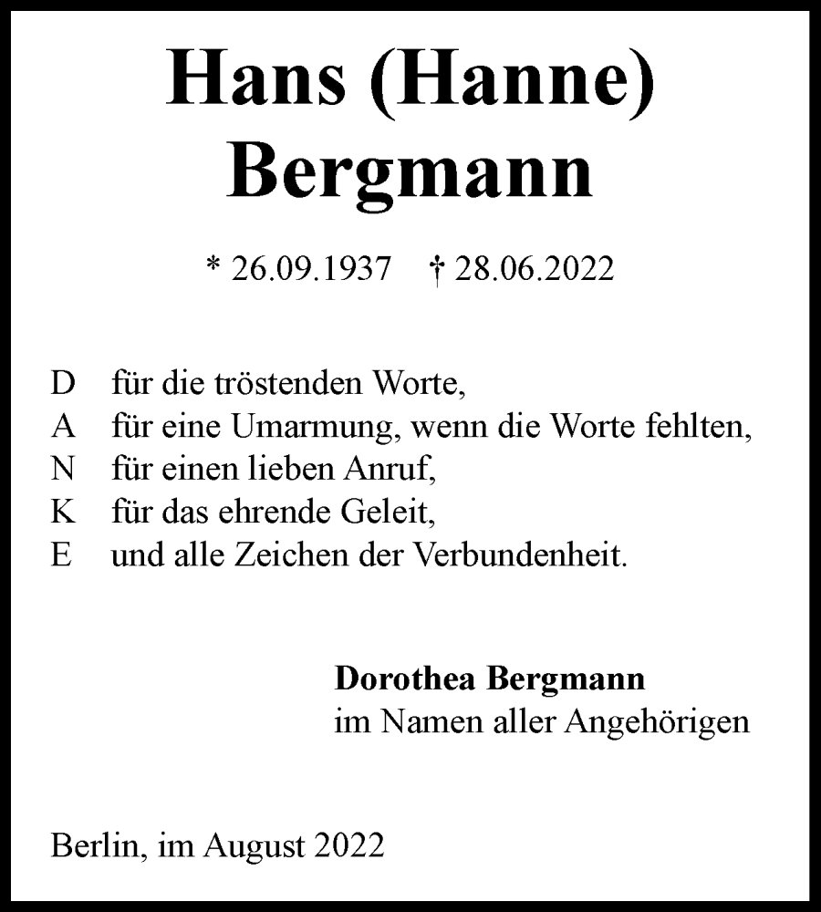  Traueranzeige für Hans Bergmann vom 06.08.2022 aus Berliner Woche / Spandauer Volksblatt