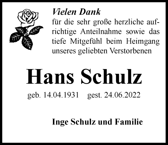 Traueranzeige von Hans Schulz von Berliner Woche / Spandauer Volksblatt