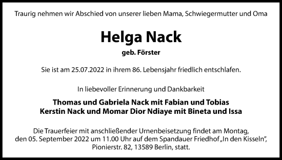 Traueranzeige von Helga Nack von Berliner Woche / Spandauer Volksblatt