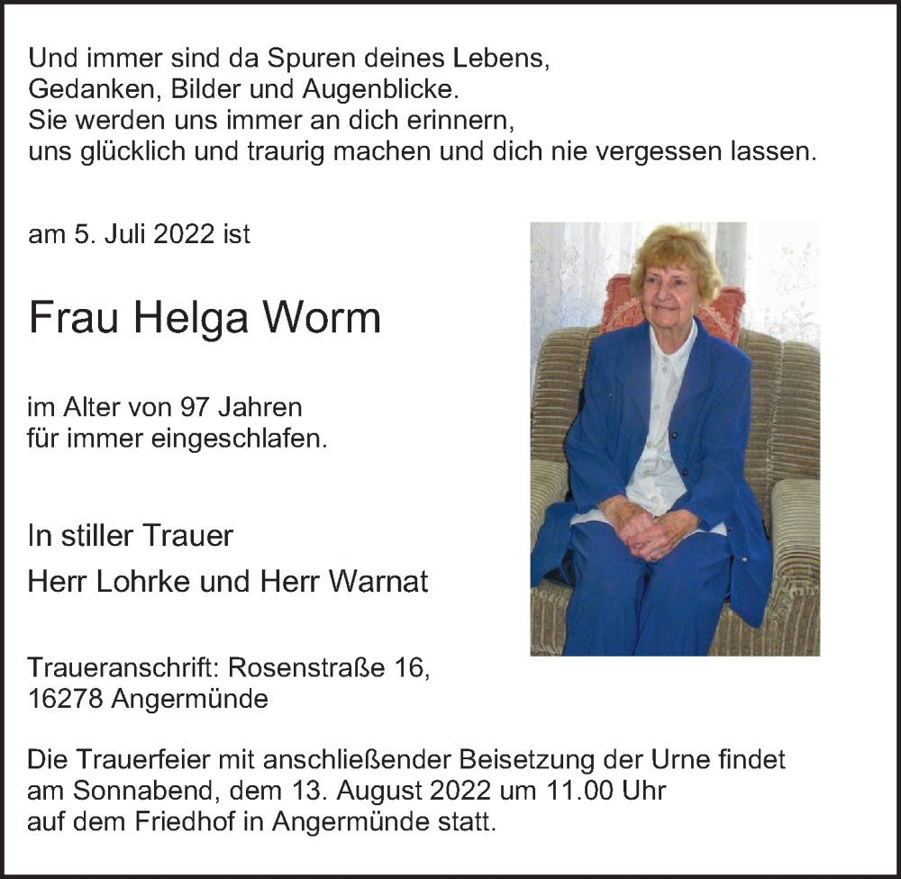  Traueranzeige für Helga Worm vom 06.08.2022 aus Berliner Morgenpost