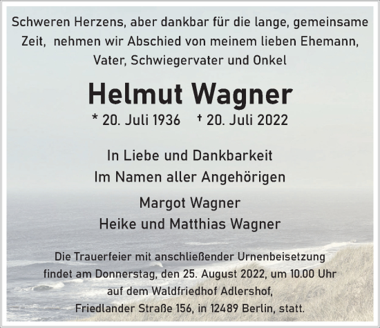 Traueranzeige von Helmut Wagner von Berliner Woche / Spandauer Volksblatt