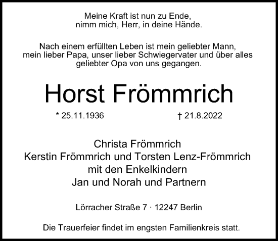 Traueranzeige von Horst Frömmrich von Berliner Morgenpost
