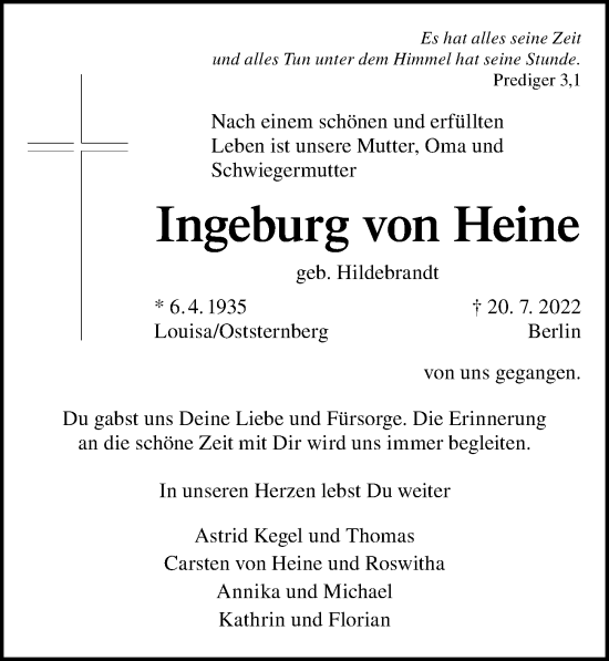 Traueranzeige von Ingeburg von Heine von Berliner Morgenpost