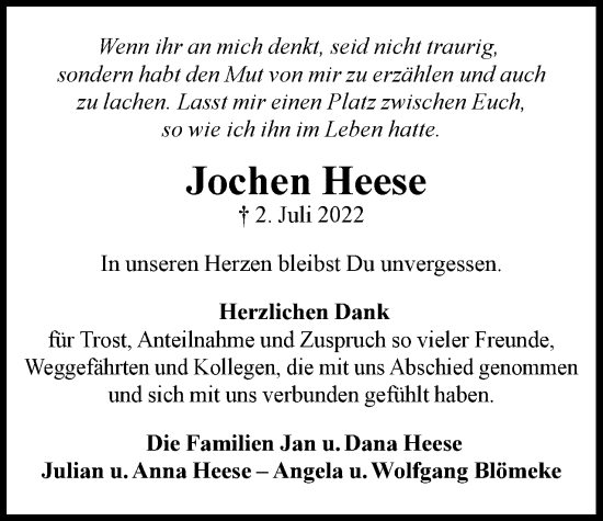 Traueranzeige von Jochen Heese von Berliner Woche / Spandauer Volksblatt