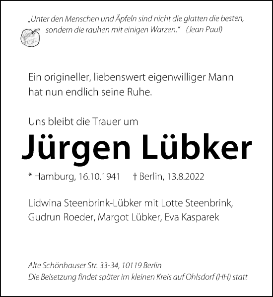 Traueranzeige von Jürgen Lübker von Berliner Morgenpost