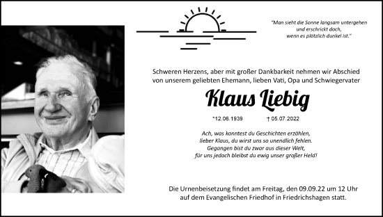 Traueranzeige von Klaus Liebig von Berliner Woche / Spandauer Volksblatt