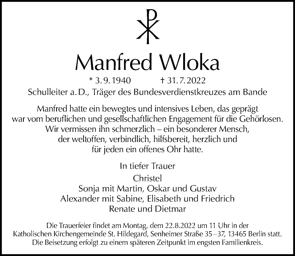  Traueranzeige für Manfred Wloka vom 07.08.2022 aus Berliner Morgenpost