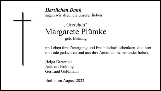 Traueranzeige von Margarete Plümke von Berliner Woche / Spandauer Volksblatt