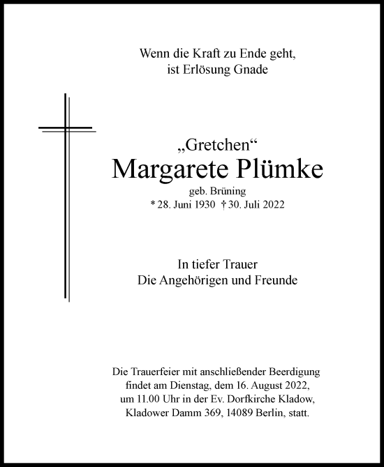 Traueranzeige von Margarete Plümke von Berliner Woche / Spandauer Volksblatt