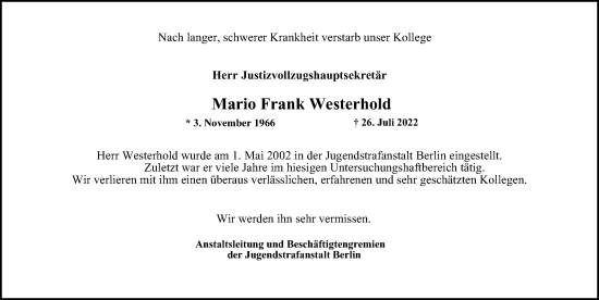Traueranzeige von Mario Frank Westerhold von Berliner Morgenpost