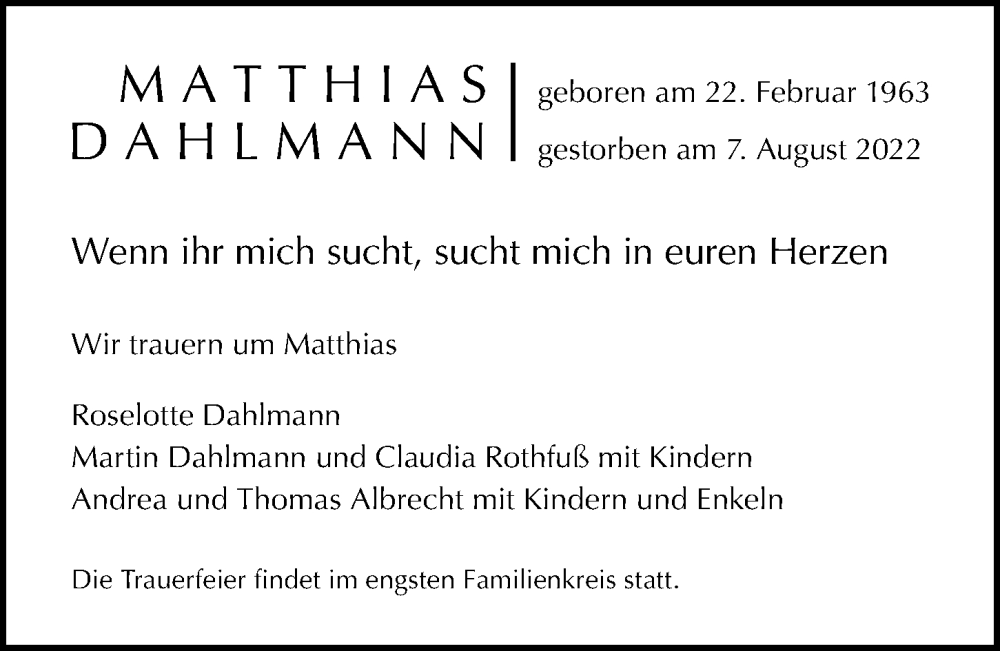  Traueranzeige für Matthias Dahlmann vom 28.08.2022 aus Berliner Morgenpost