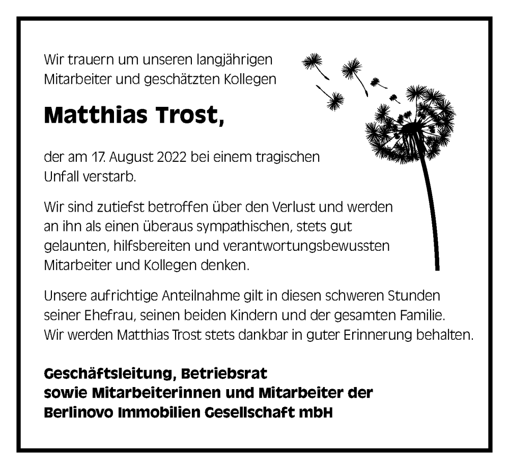  Traueranzeige für Matthias Trost vom 28.08.2022 aus Berliner Morgenpost