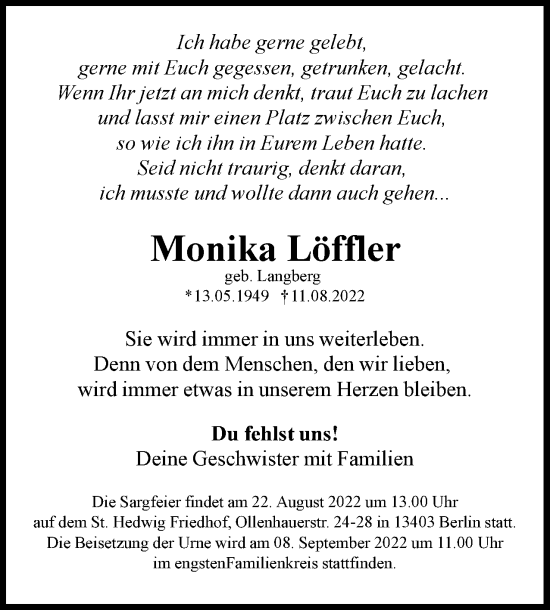 Traueranzeige von Monika Löffler von Berliner Woche / Spandauer Volksblatt