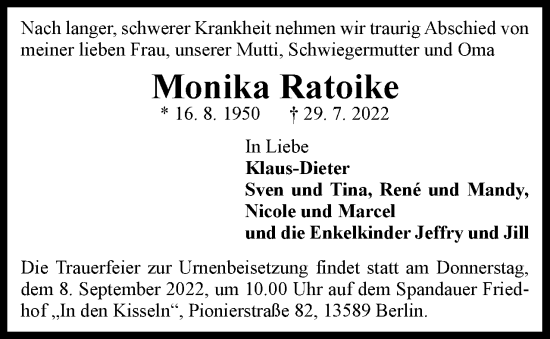 Traueranzeige von Monika Ratoike von Berliner Woche / Spandauer Volksblatt