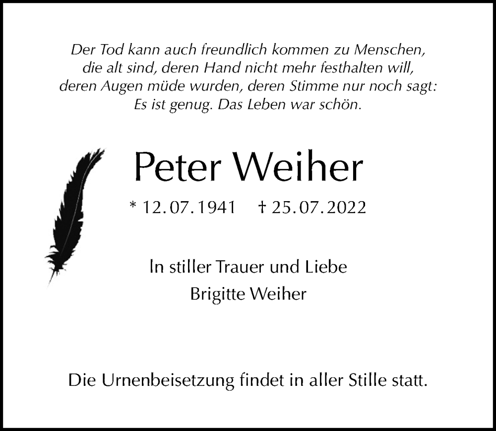  Traueranzeige für Peter Weiher vom 07.08.2022 aus Berliner Morgenpost