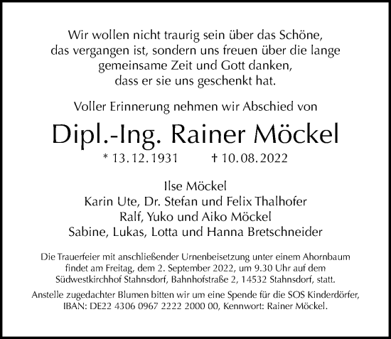 Traueranzeige von Rainer Möckel von Berliner Morgenpost