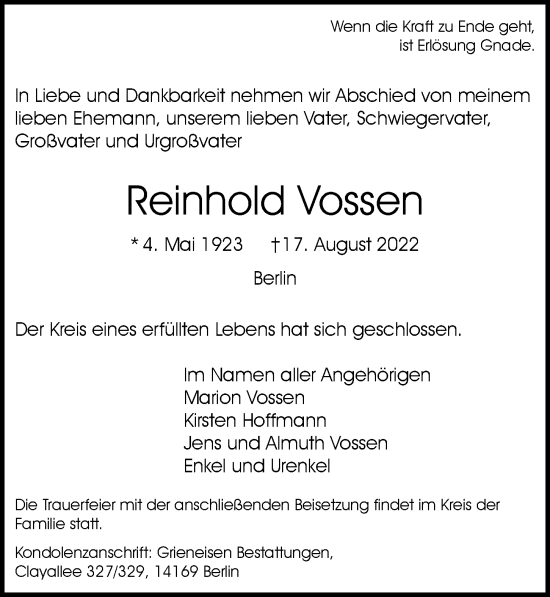 Traueranzeige von Reinhold Vossen von Berliner Morgenpost