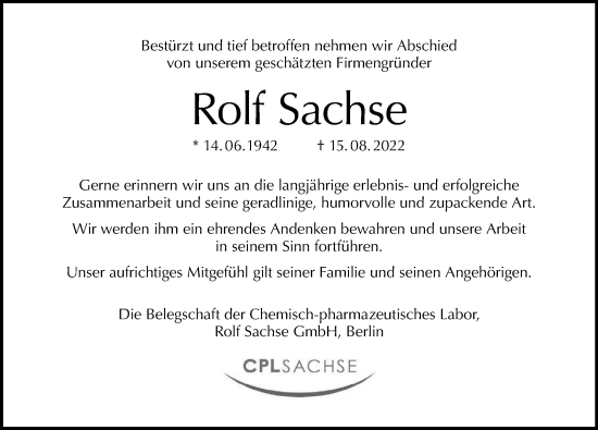 Traueranzeige von Rolf Sachse von Berliner Morgenpost