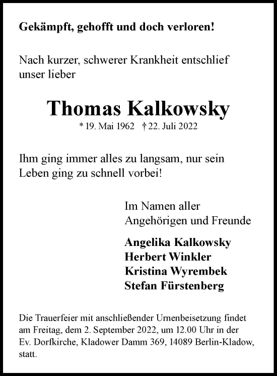 Traueranzeige von Thomas Kalkowsky von Berliner Woche / Spandauer Volksblatt