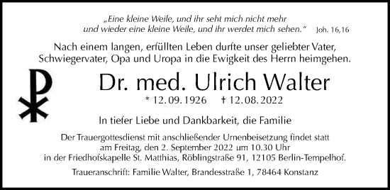 Traueranzeige von Ulrich Walter von Berliner Morgenpost