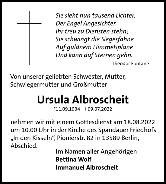 Traueranzeige von Ursula Albroscheit von Berliner Woche / Spandauer Volksblatt